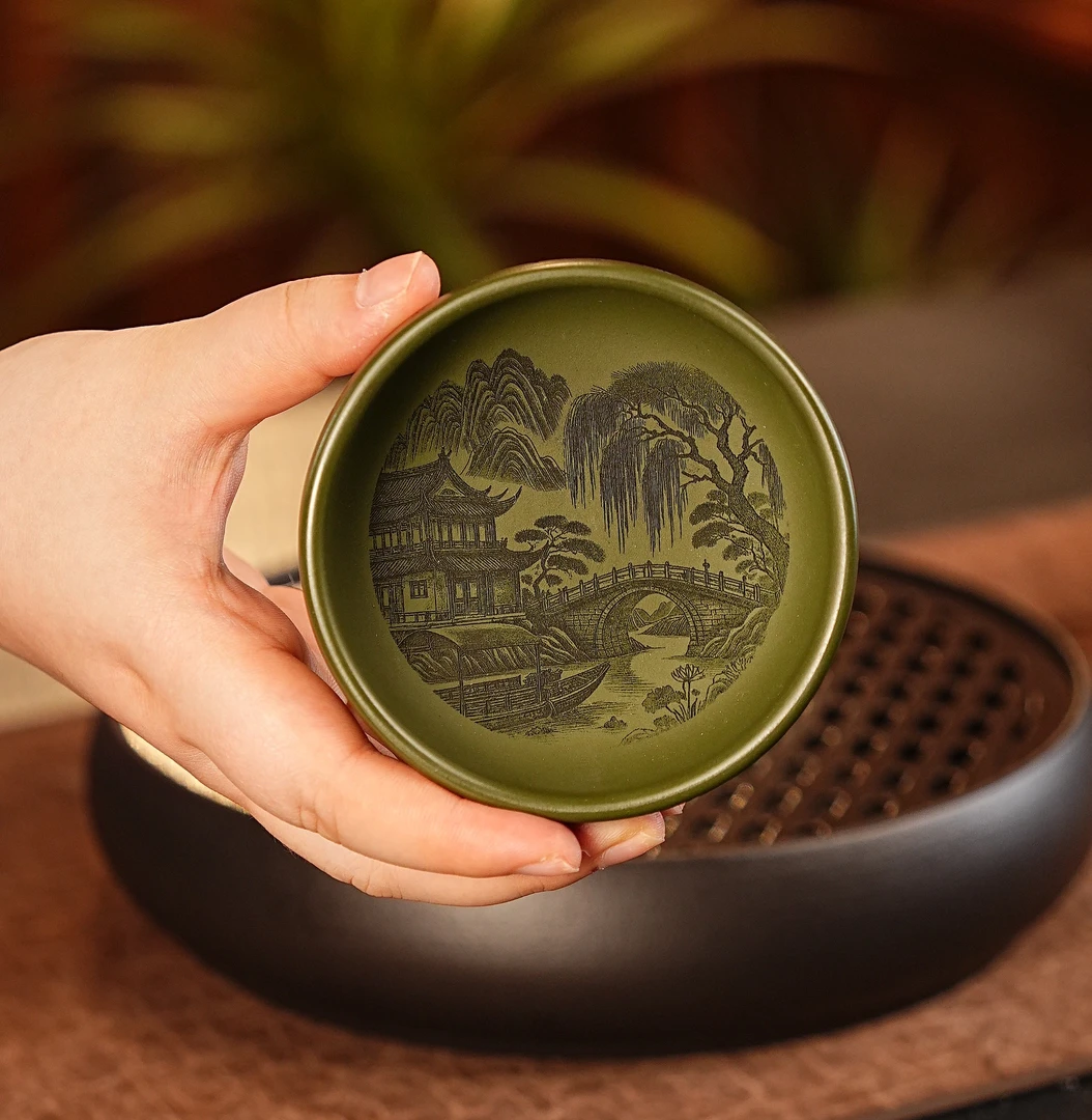047新款原矿绿泥手工刻绘二十四节气宜兴紫砂品茗主人杯茶杯