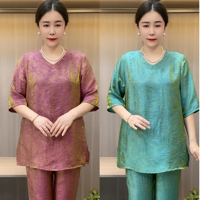 8629时尚夏季中袖清凉透气吸汗中老年套装精品洋气宽松大码一套