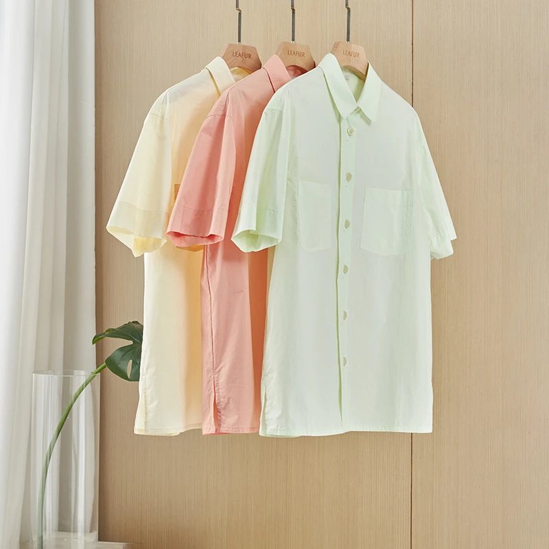 短款全棉马卡龙多巴胺宽松短袖 侧开叉衬衫美式纯色 LOFN
