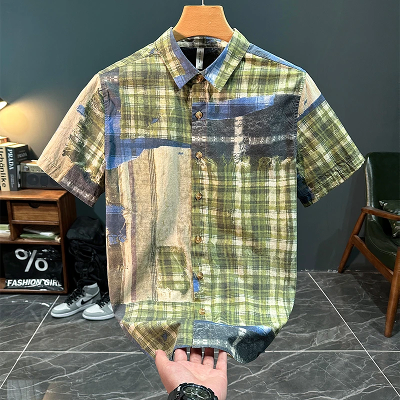 轻奢潮牌拼接印花短袖衬衫男士时尚潮流百搭文艺青年休闲宽松衬衣