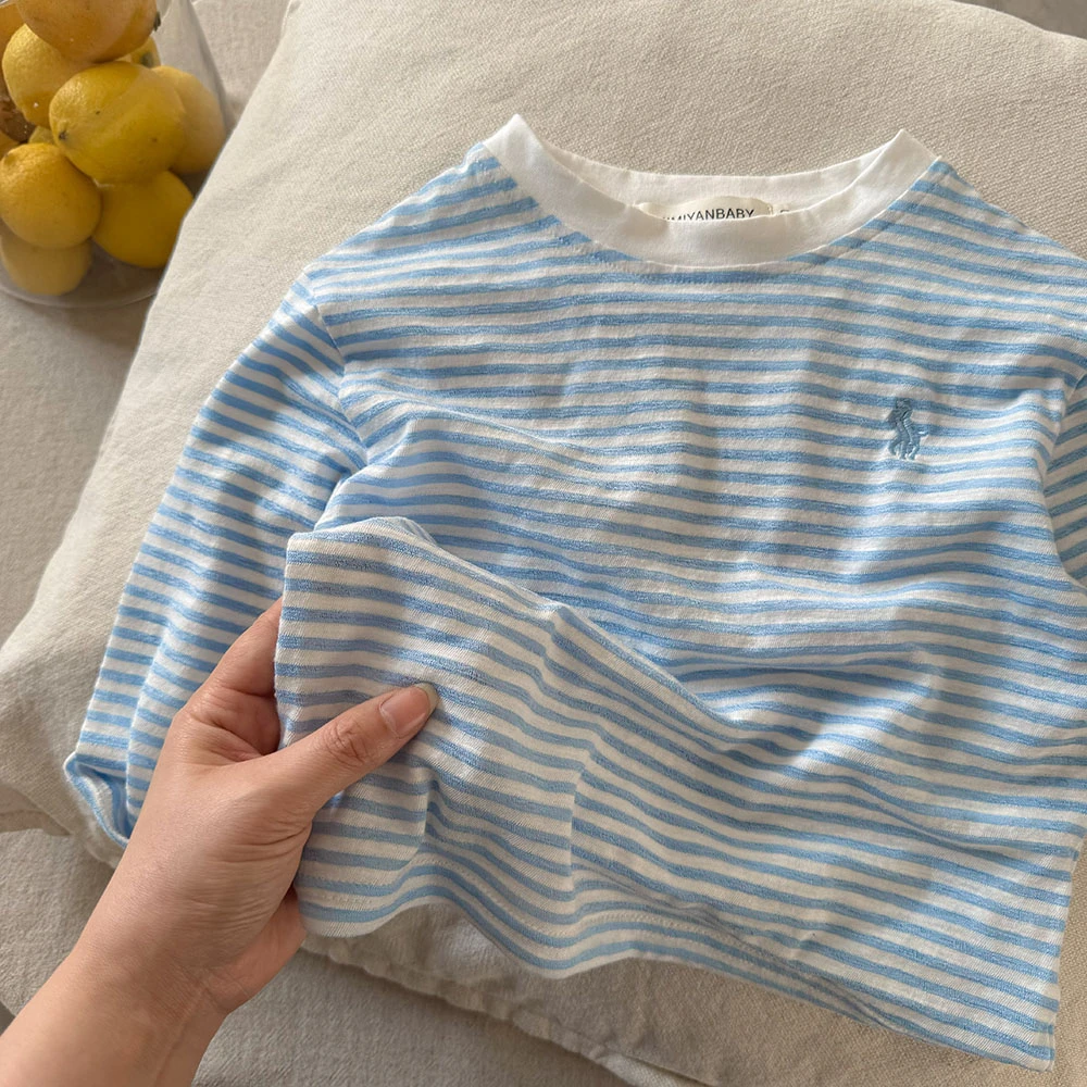 新款儿童长袖T恤轻薄款夏季款男童条纹上衣宝宝空调服女透气