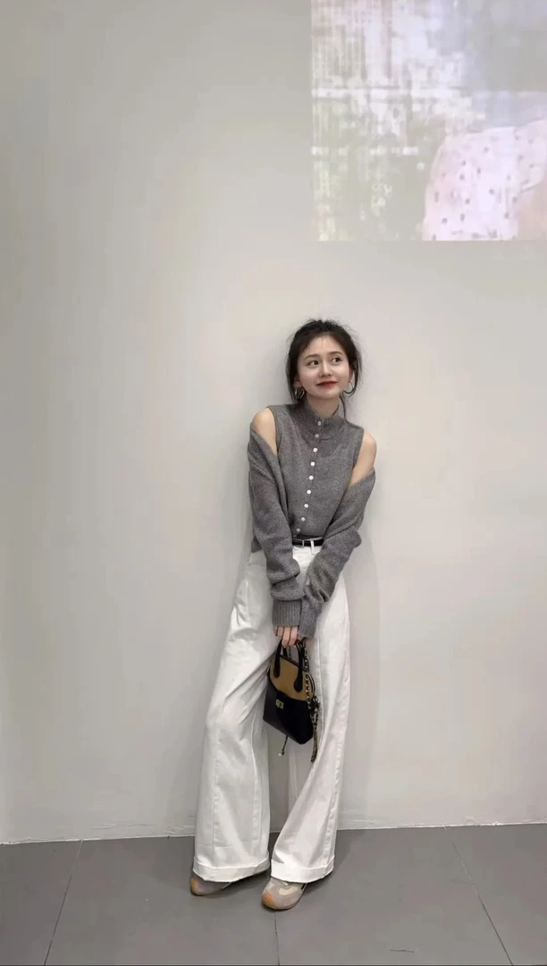 【恋恋不忘】韩系ins灰色针织无袖马甲上衣毛针织衫开衫白色牛仔裤