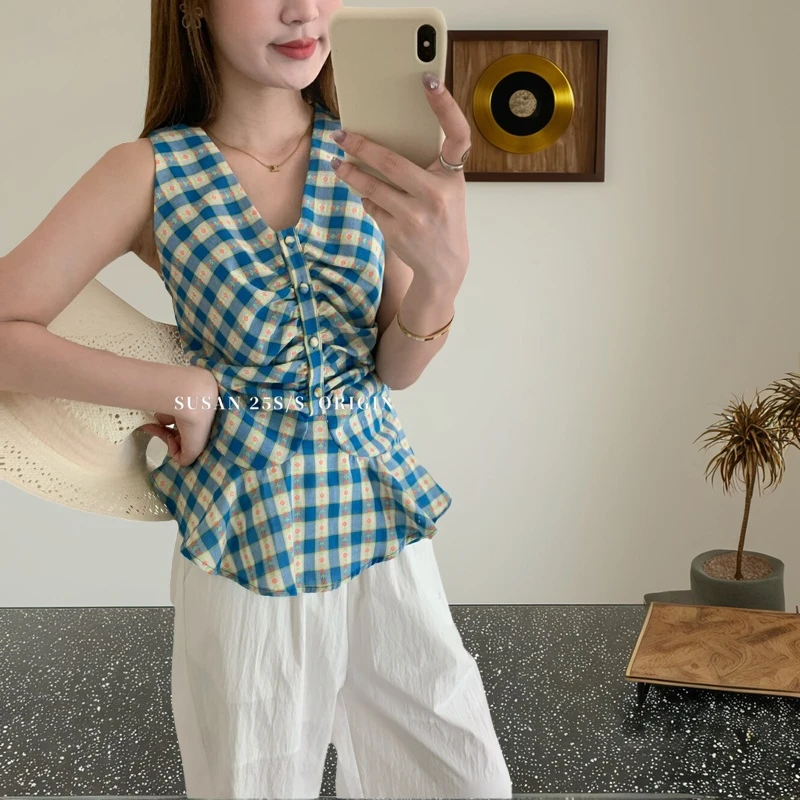 纯欲风宽松型法式修身型背心吊带女装显瘦格纹通勤高腰夏季无袖