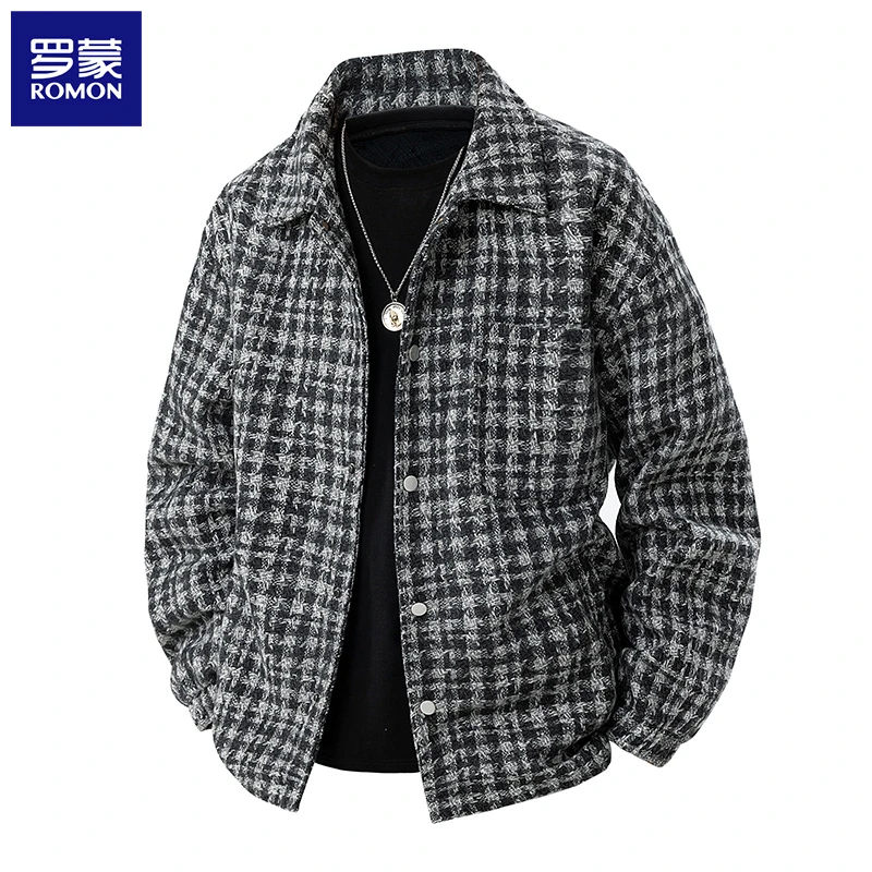 Romon/罗蒙男士外套春秋款小香风百搭格子夹克高级感正肩翻领上衣