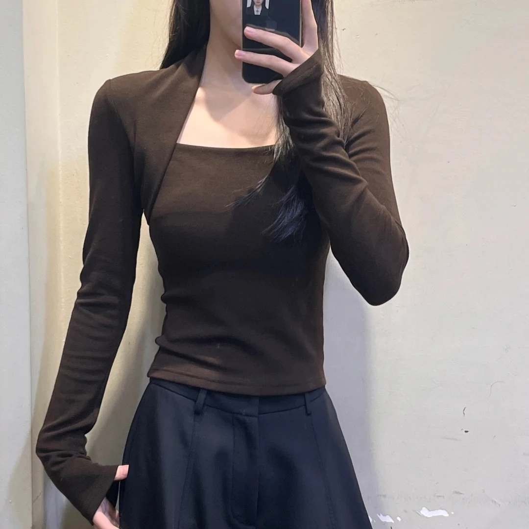 美式假两件打底磨毛设计感长袖T恤2025新款秋冬内搭显瘦别致上衣