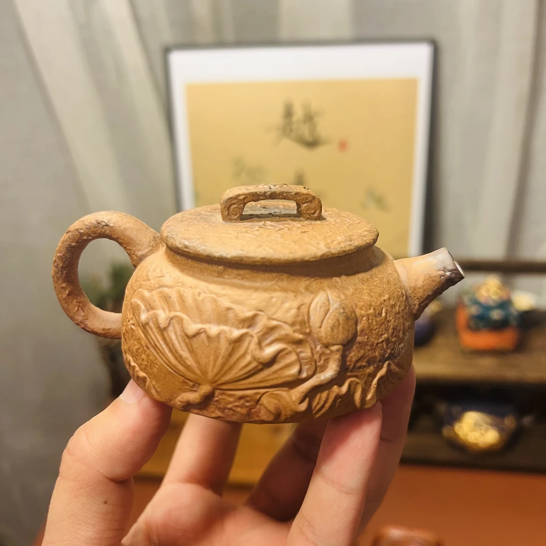 粗陶老岩泥黄陶莲花泡茶壶中式复古风格实用功夫茶具正把壶
