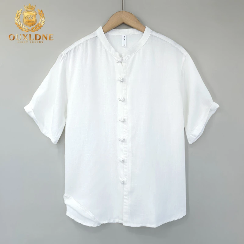 OUXLDNE 高端天丝亚麻短袖衬衫男士复古开衫中式立领上衣国风盘扣