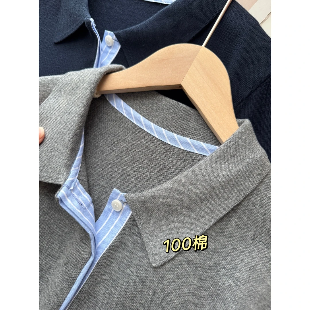 「撞色领长袖版」撞色减龄经典polo翻领针织长袖T恤简约显瘦Q0437