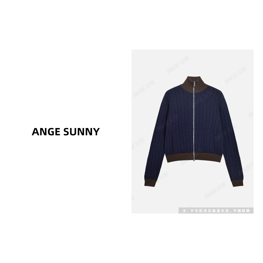 ANGE SUNNY【撞色拉链羊毛开衫】绞花高领长袖字母徽标针织开衫