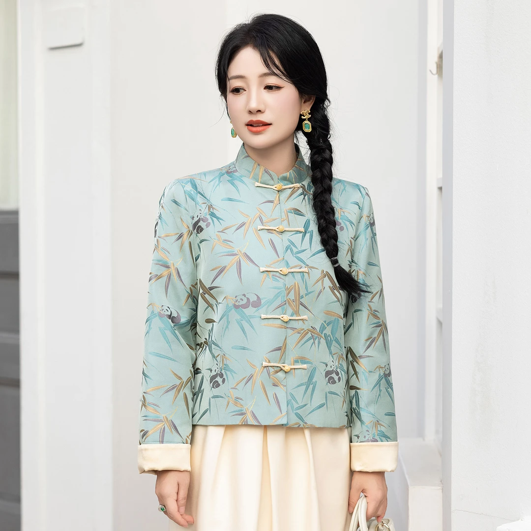 华裳格新中式钱小萍非遗正品宋锦熊猫玉竹重工宋锦外套 HS161