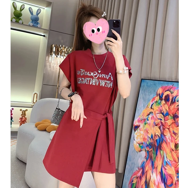 假两件系带收腰气质A字短裙子2025夏季新款高腰休闲短袖连衣裙女