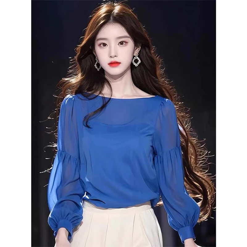 蓝色长袖衬衫春季女2025新款时尚气质小衫法式高级感独特别致上衣