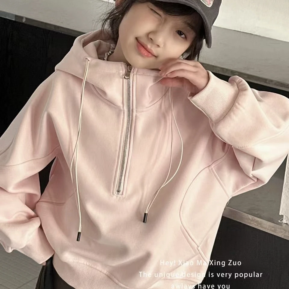 春秋纯色女拉链厚款常规休闲卫衣韩版带帽连帽套头秋冬学生