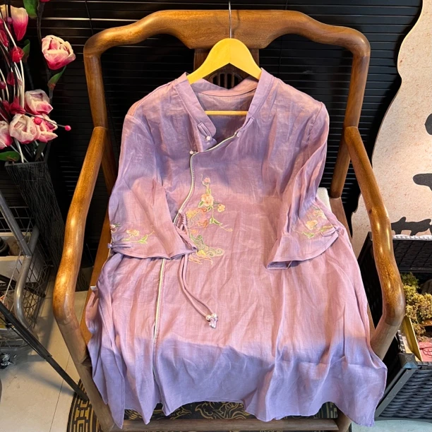 猫家YZM新中式国风复古民族风刺绣提花薄款中长款上衣2518