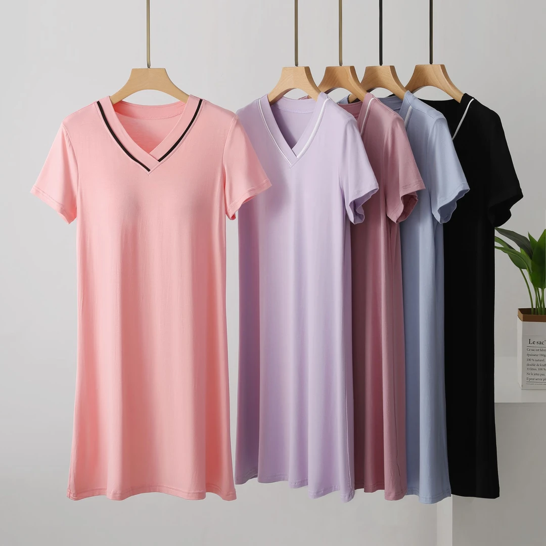 带胸垫莫代尔睡裙女夏季薄款睡衣免文胸bra宽松大码短袖V领家居服