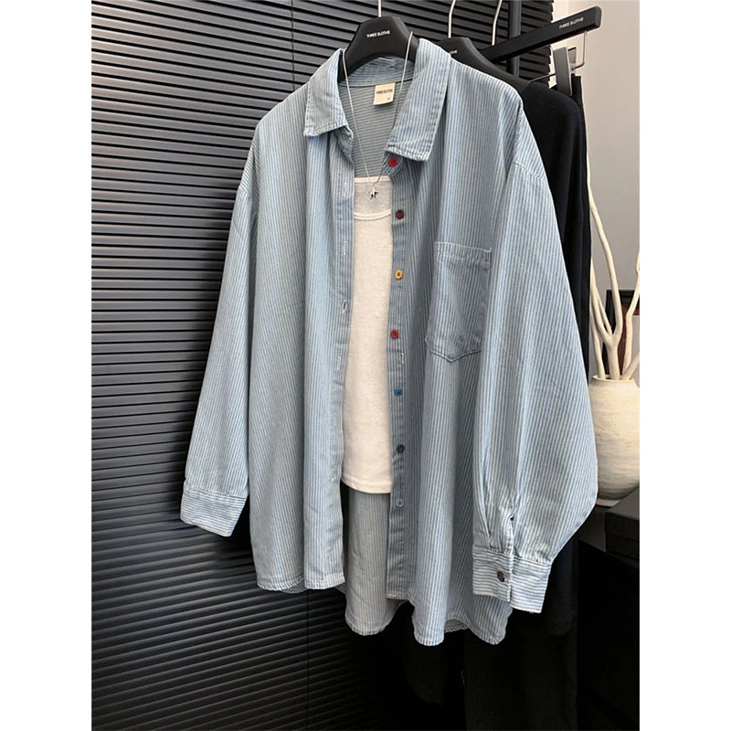 胖mm大码条纹polo领彩色纽扣长袖衬衫女春秋季2025年新款显瘦衬衣