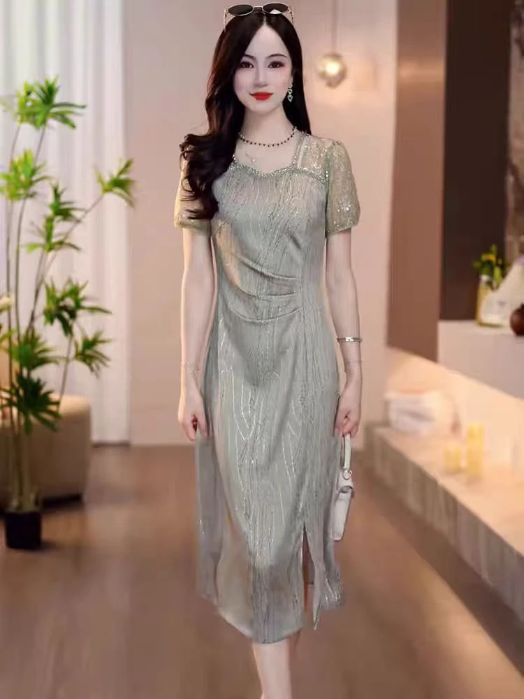 F615 连衣裙2025新款女妈妈高端修身时尚收腰显瘦气质中长款