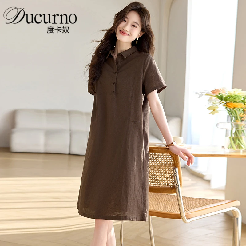 时尚纯色连衣裙女夏季2025新款复古港味宽松显瘦中长款短袖直筒裙