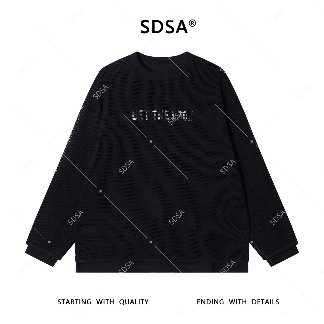 SDSA男士2025新款轻奢痞帅男装字母印花假两件圆领T恤网格潮牌