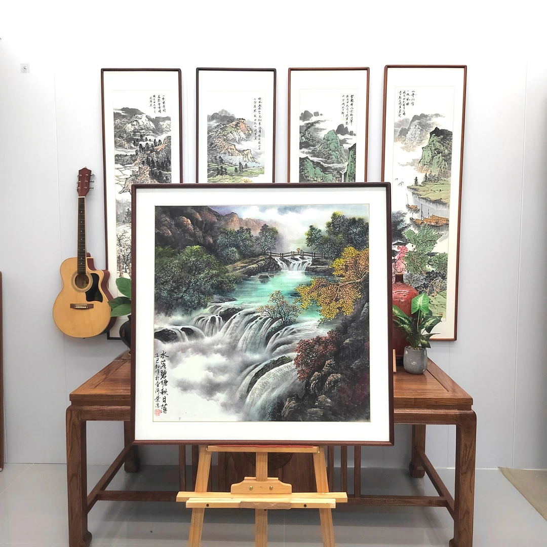 纯手绘带框国画山水《水落碧塘》80*80cm，玄关卧室书房茶室办公室挂