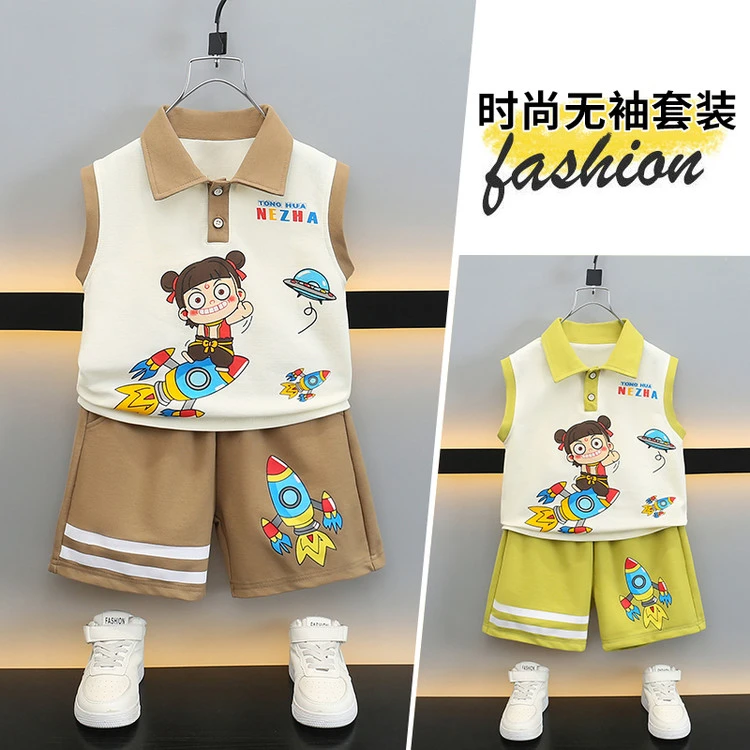 儿童夏季polo领哪吒无袖套装2025新款中小童卡通休闲套装