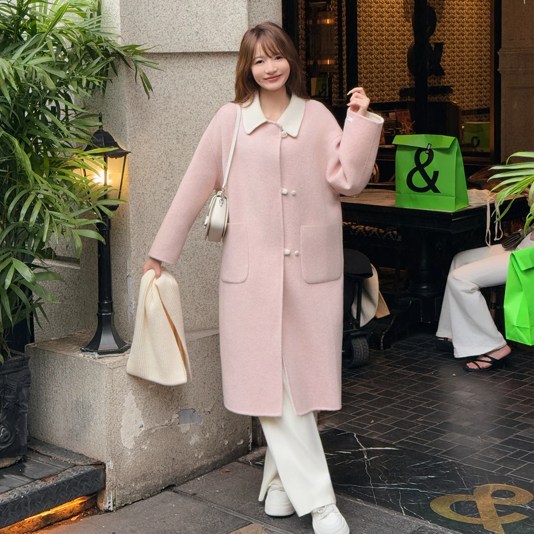 5517 秋冬韩版小个子简约风翻领撞色显瘦时尚气质长款羊毛大衣