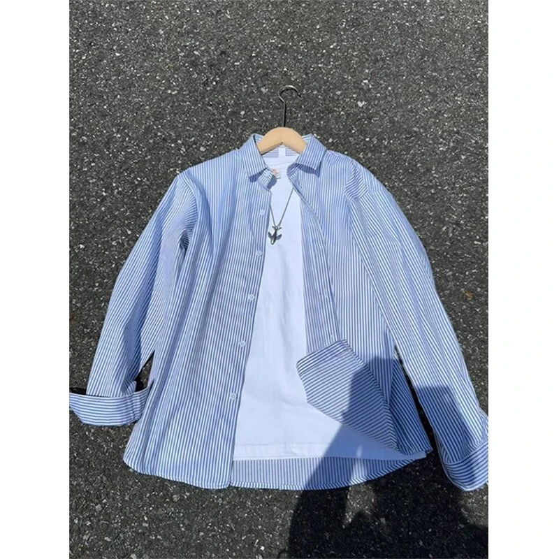 蓝色条纹长袖衬衫男款早秋穿搭高级感通勤衬衣百搭宽松休闲薄外套