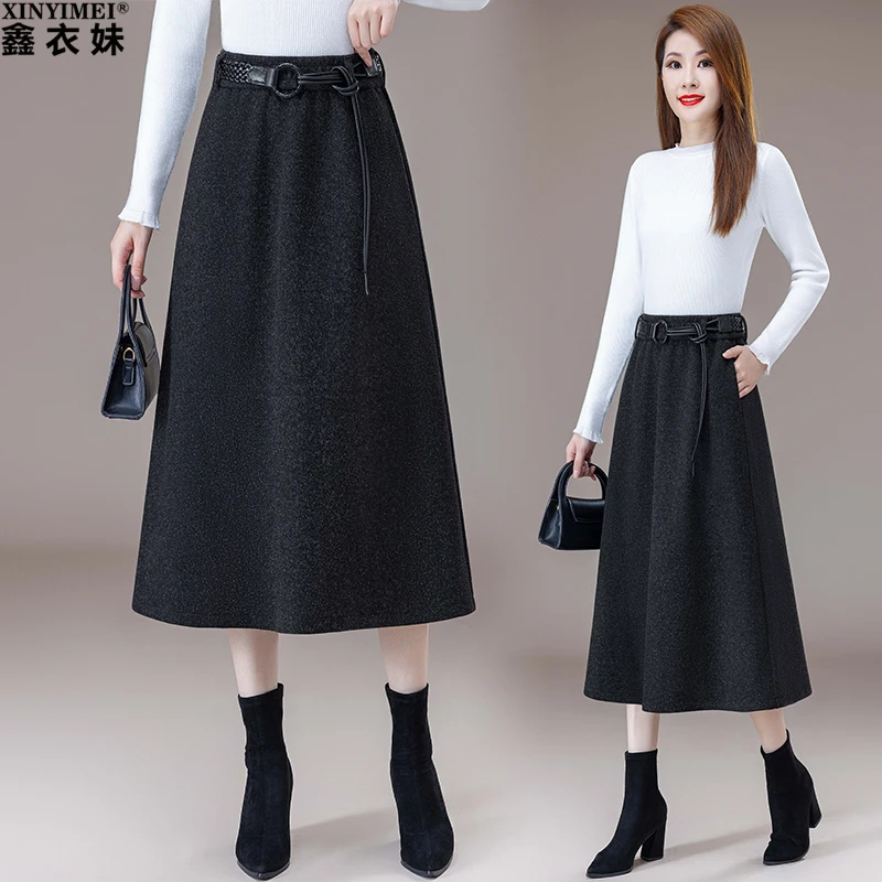 松紧腰毛呢半身裙女秋冬新款摆裙2025显瘦a字伞裙中长款一步裙子