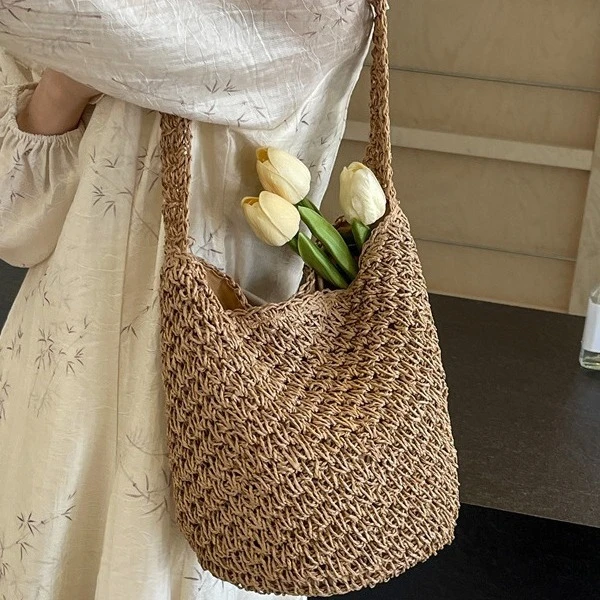 手机袋单根水桶包竖式编织单肩包网红ins百搭小包包编织包草编包