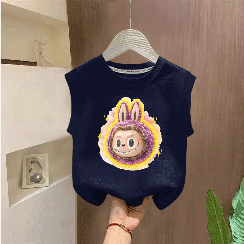 新款卡通拉布布labubu男 儿童夏季新款纯棉背心T恤上衣中小童洋气