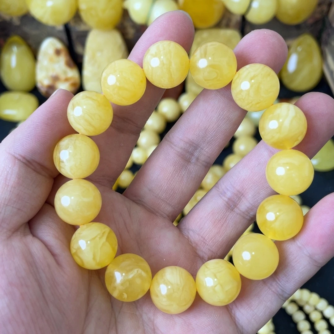 琥珀未镶嵌手串14+俄料黄白妖花圆珠手串（微瑕）