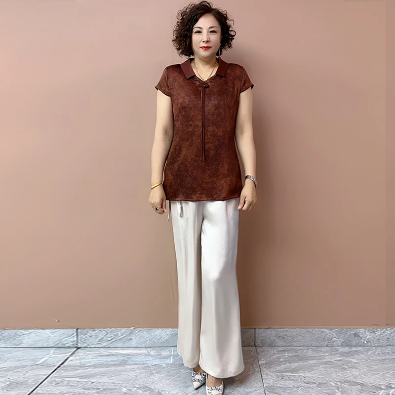 阔太太时尚洋气大码短袖上衣中老年女装复古洋气衬衫喜婆婆衬衣潮