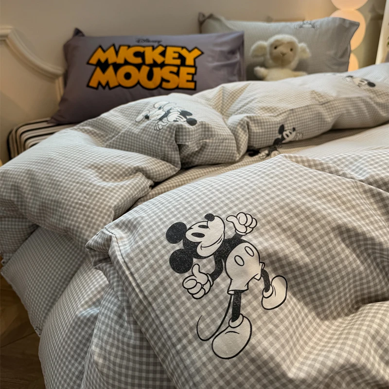 卡通细条纹米奇床单四件套纯棉100%全棉床上用品四季通用被套床套