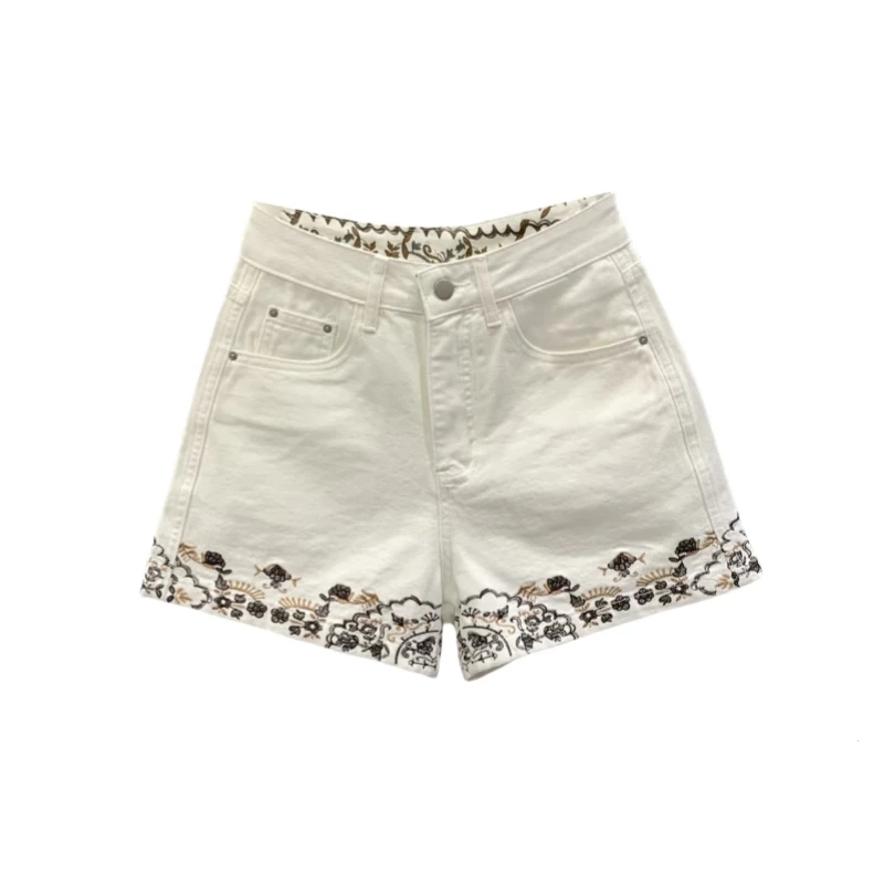 白色刺绣花朵设计感牛仔短裤女2025夏季高腰显瘦百搭A美式女士