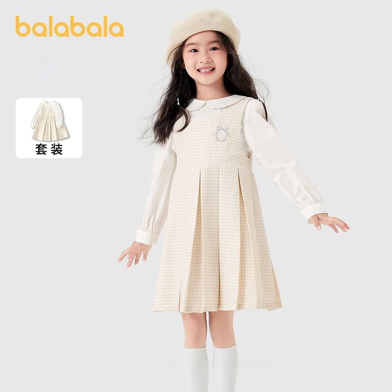 巴拉巴拉童装儿童连衣裙套装女童秋装衬衣百褶裙两件套洋气千鸟格