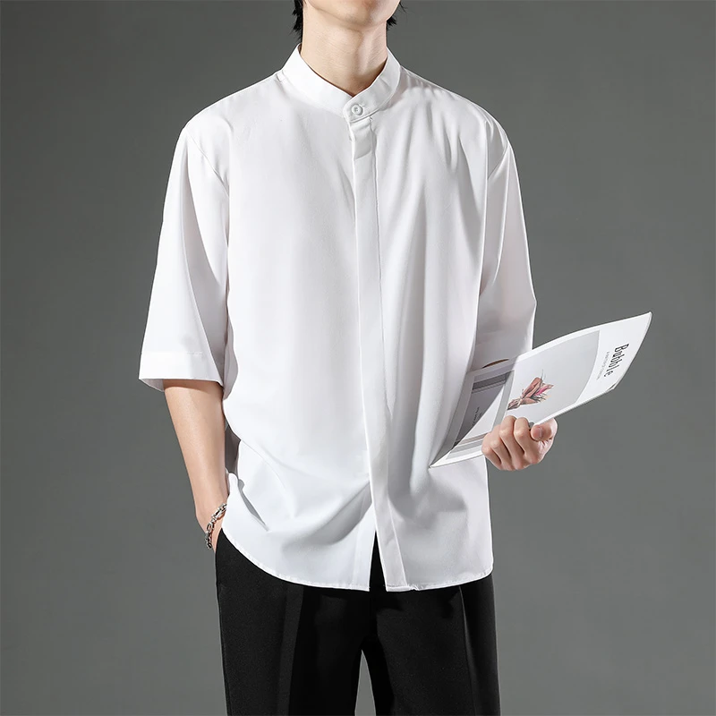 新中式立领冰丝垂感男士夏季休闲五分袖衬衫休闲衬衣潮流中国风