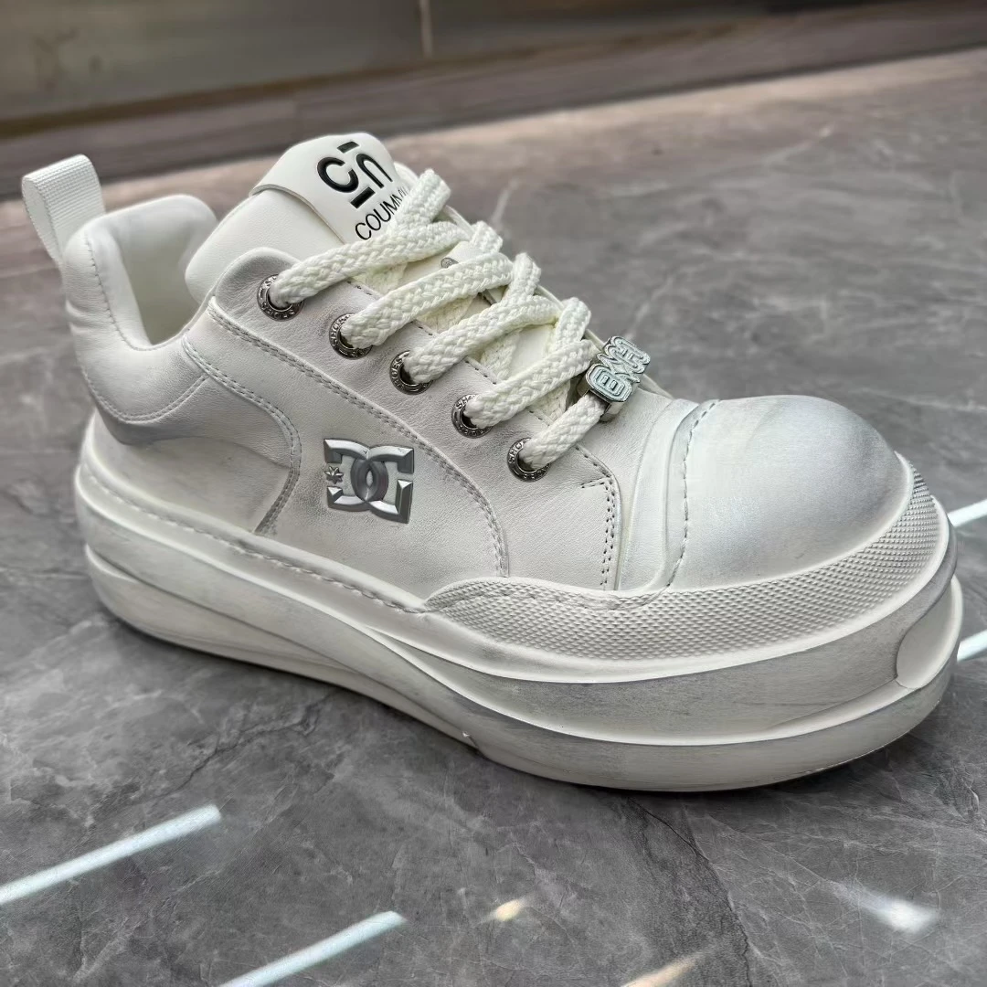 欧洲站潮牌复古做旧脏脏鞋男厚底阔版小白鞋透气网面大头休闲板鞋