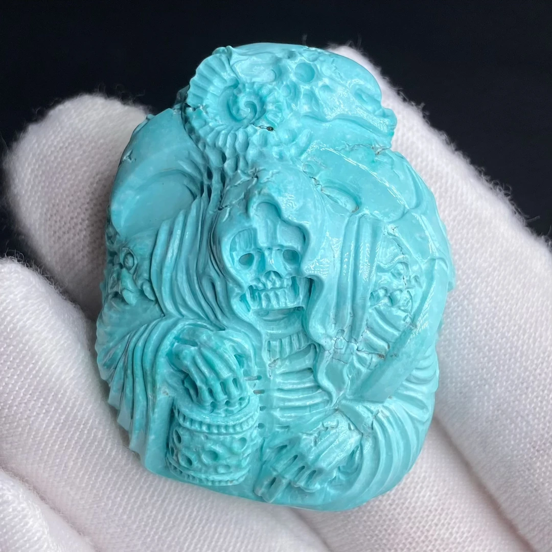 湖北原矿绿松石高瓷蓝手工雕刻死神文玩珠宝diy配饰时尚吊坠挂件