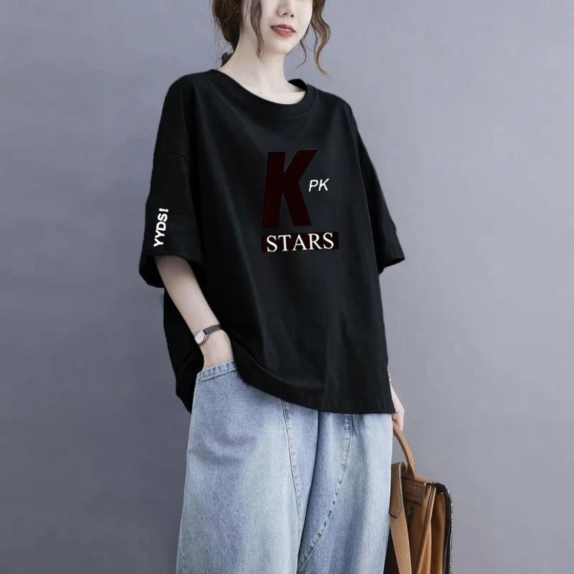 宽松型常规款通用圆领大码T恤女性抗皱短袖字母透气显瘦洋气