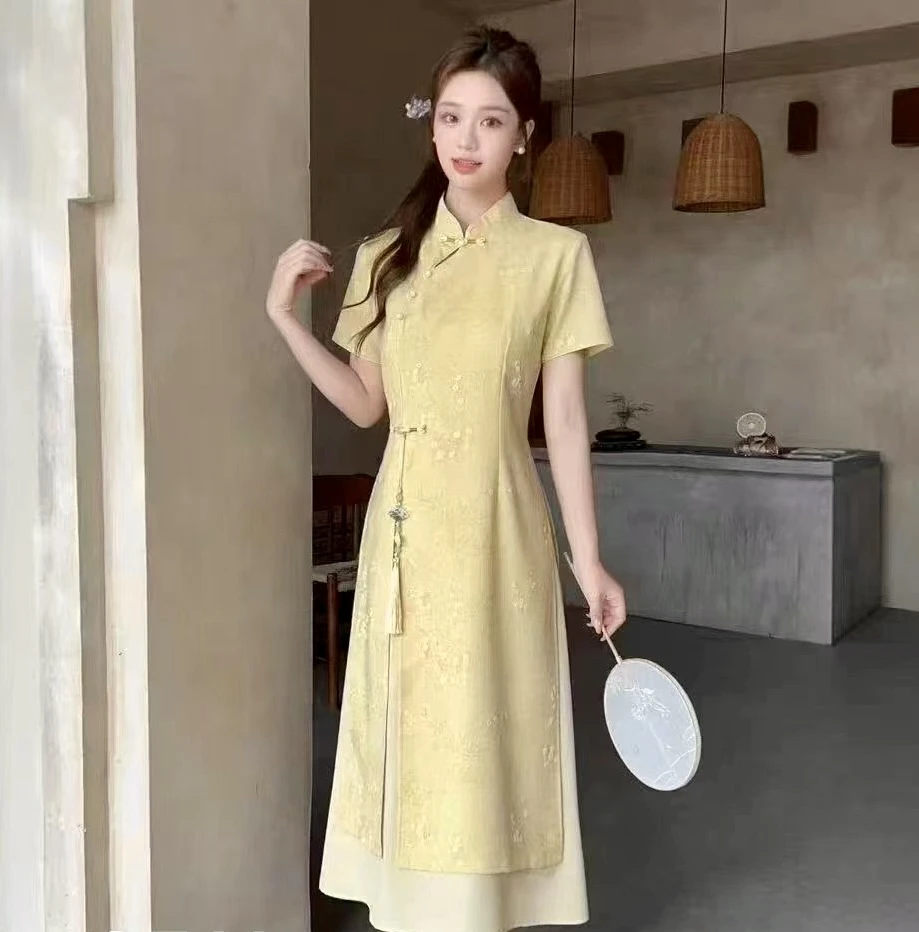 佳奇家旗袍中长款胖妹妹连衣裙新中式盘扣流苏女长裙夏季高级定制