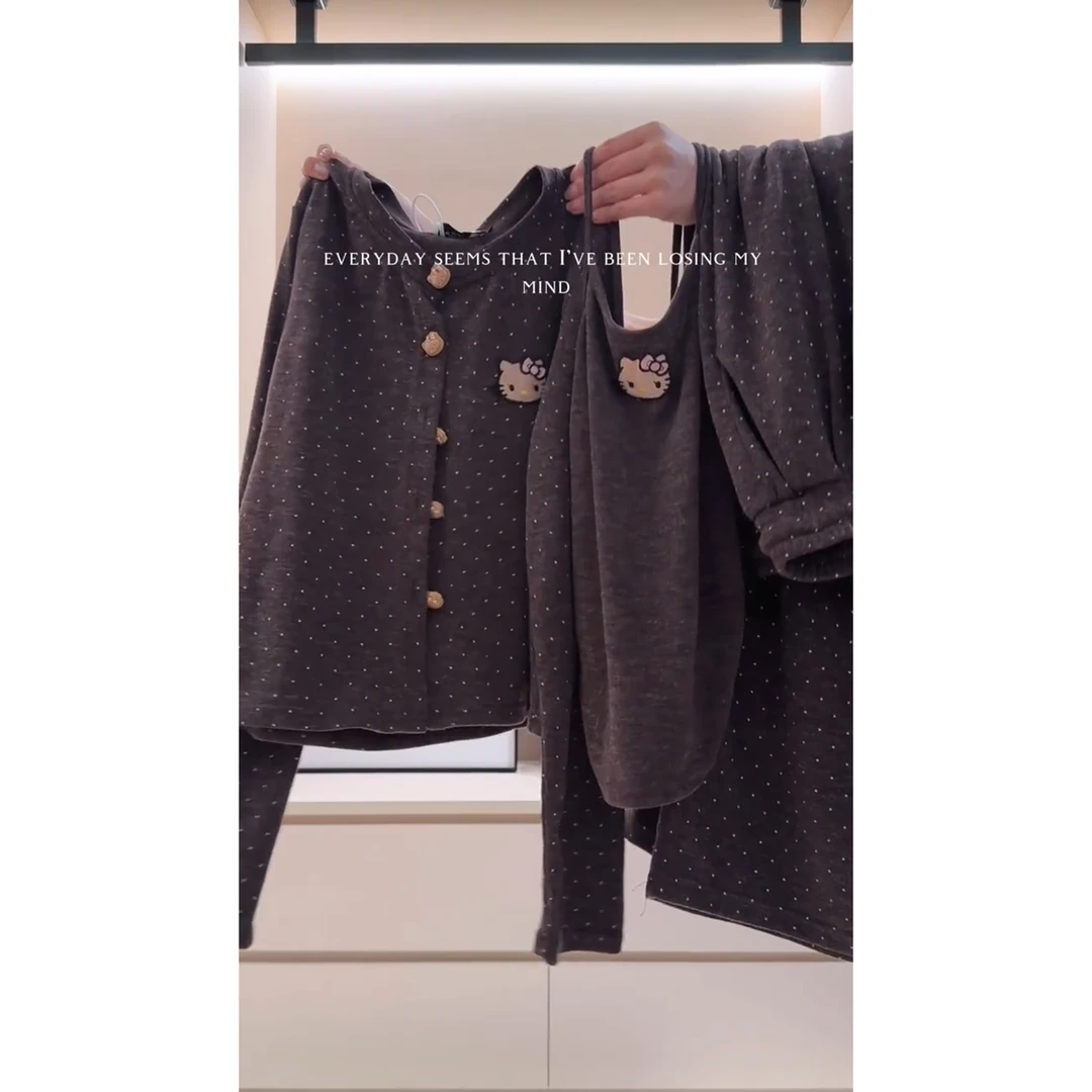 韩系秋季修身显瘦开衫波点Kitty睡衣女吊带背心ins风家居服三件套
