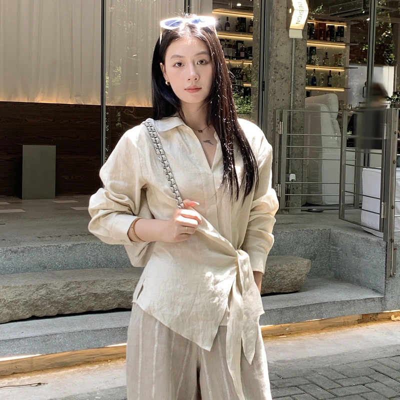 2025新款秋季高级感职场通勤女装不规则亚麻衬衫上衣女设计感外穿