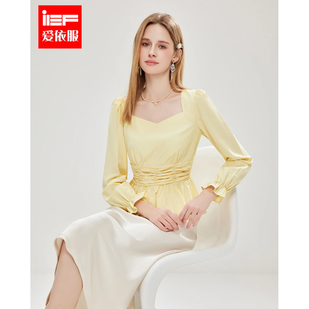 IEF/爱依服春季新款法式春游方领设计感纯色简约气质收腰显瘦上衣