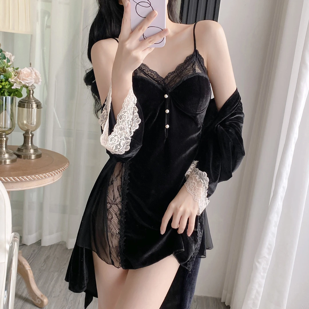 新款性感显瘦女2025绒款蕾丝睡裙纯欲风带胸垫吊带睡裙居家服