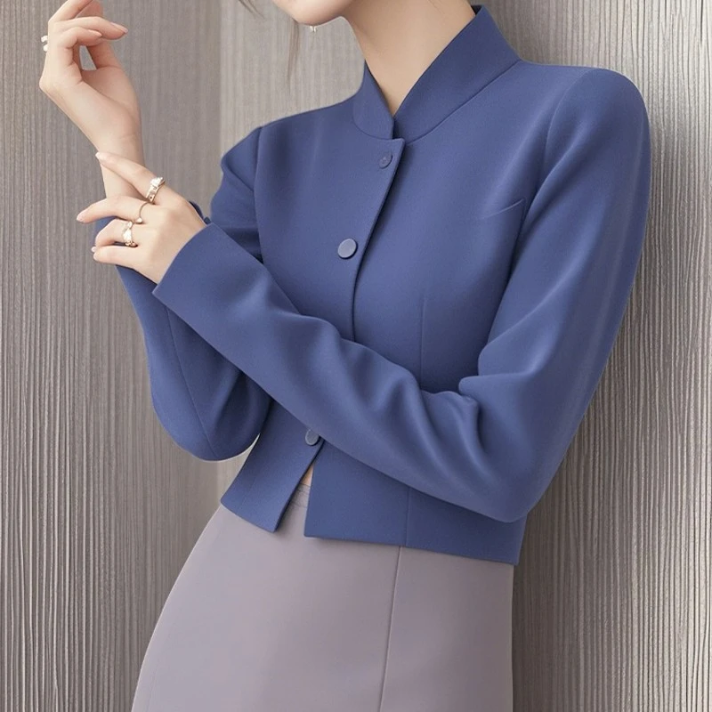 法式覆古百搭雾霾蓝立领长袖衬衫女秋季新款洋派高端别致独特小衫