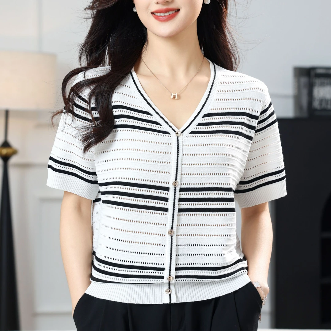 【现货】薄款短袖镂空夏季套头衫小香风撞色拼色短袖百搭毛针织衫