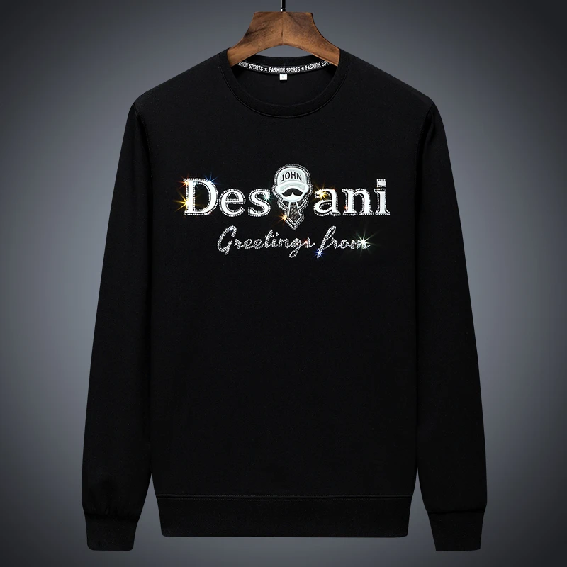 狄佛蒙特欧美烫钻圆领卫衣潮男休闲百搭打底衫秋冬大码套头上衣服