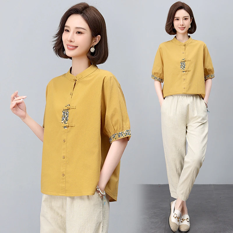 新中式风刺绣棉麻套装女2025年夏季新款妈妈洋气减龄亚麻两件套