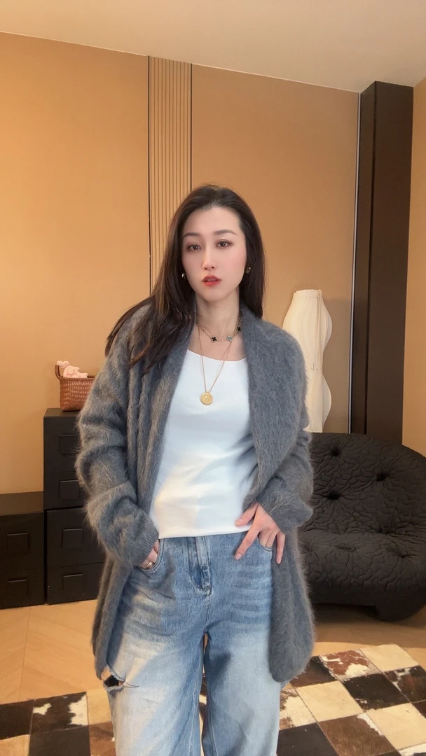 100%山羊绒拉绒高级感慵懒外套保暖高克重软糯中长针织