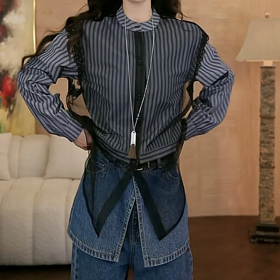 秋季设计感通勤网纱拼接条纹长袖女2025新款时尚休闲百搭衬衫